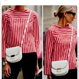 JCREW red stripped funnel neck top in cotton poplin